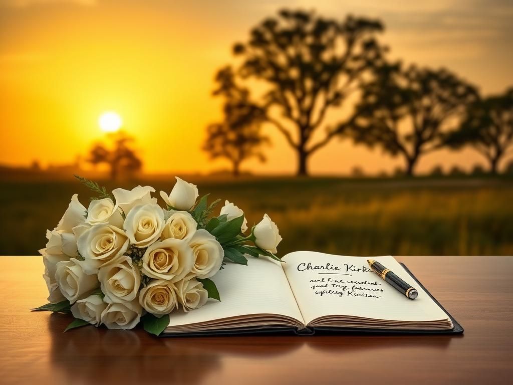 Flick International A serene landscape with white roses and a journal, symbolizing remembrance for Charlie Kirk