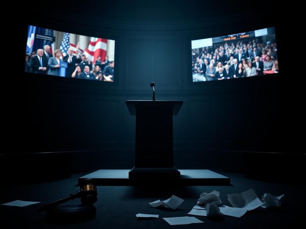 Flick International A dimly lit congressional chamber with a lone podium symbolizing political division