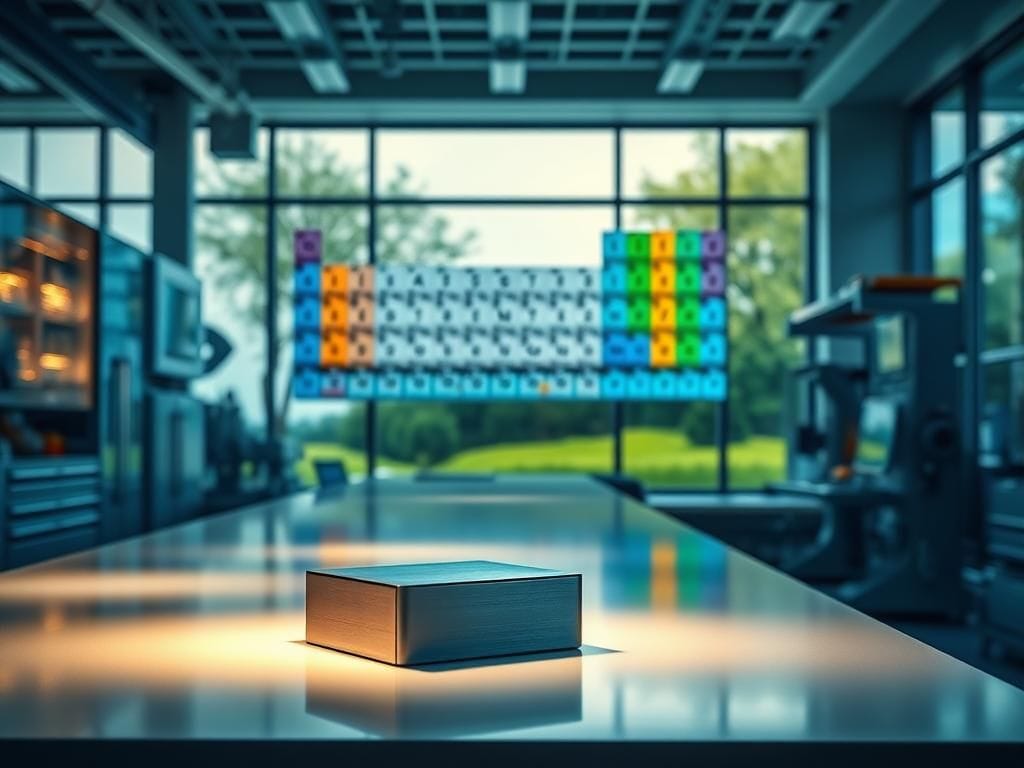 Flick International High-tech laboratory showcasing a model of an iron nitride magnet with a periodic table in the background