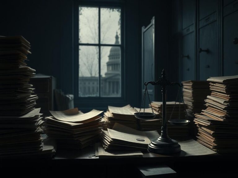 Flick International A dimly lit room filled with old legal documents and a silhouette of a government building.