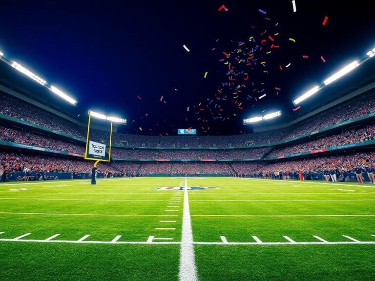 Flick International Cam Skattebo celebrating a touchdown with a backflip in a vibrant football stadium atmosphere