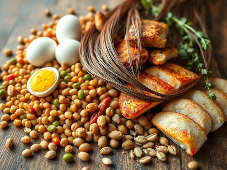 Flick International Close-up of protein-rich foods and hair strands symbolizing nourishment