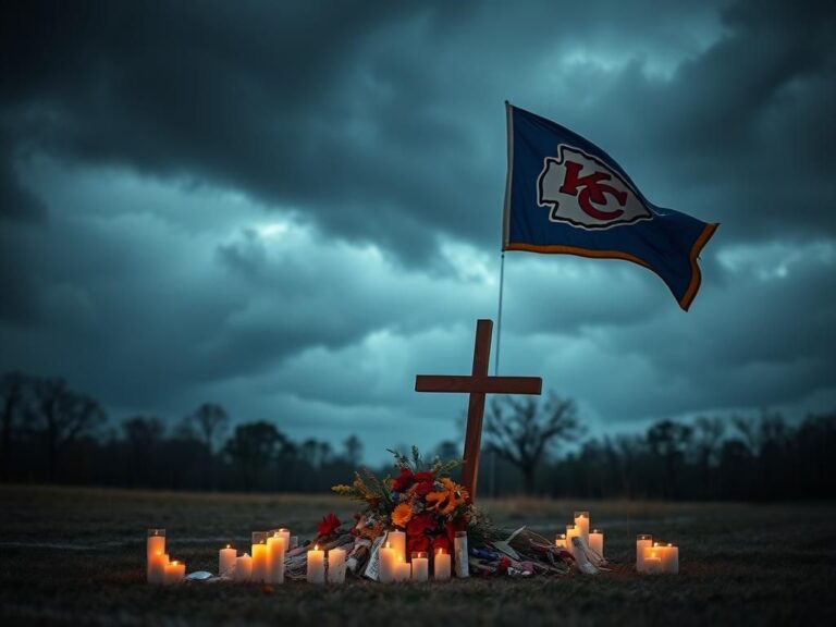 Flick International A somber outdoor memorial site with a wooden cross, flowers, and a Kansas City Chiefs banner amidst a dark stormy sky