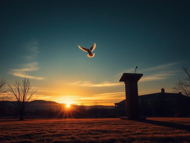 Flick International Somber sunset over a university campus with a dove symbolizing hope and forgiveness