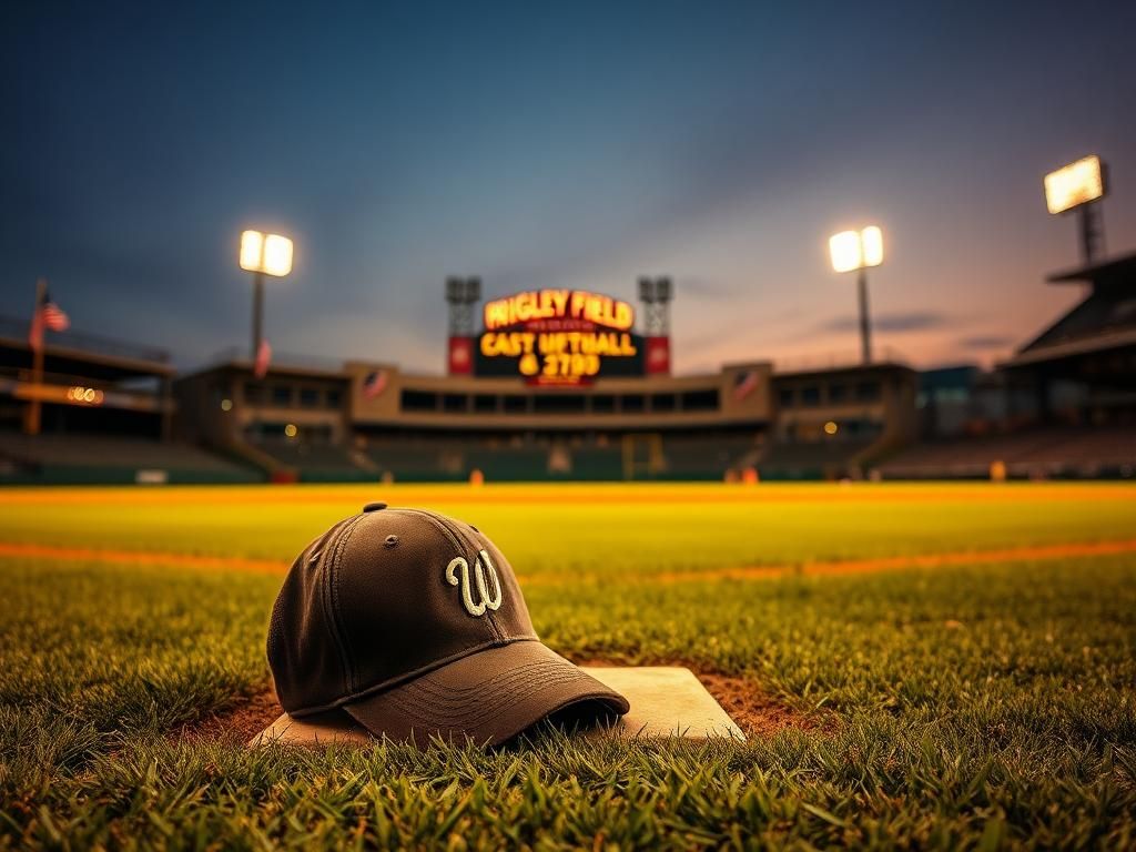 Flick International A serene baseball field at dusk with Wrigley Field in the background, representing absence and reflection.