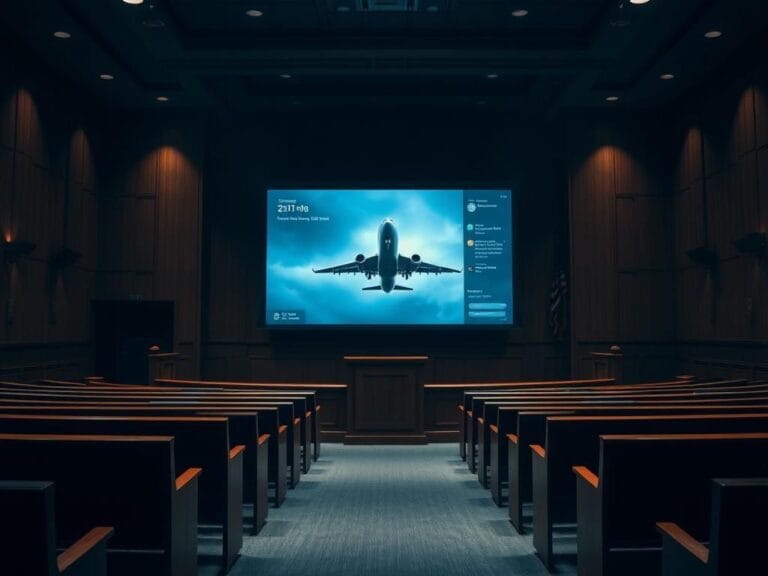 Flick International Dramatic courtroom scene with a blurred display of surveillance footage and phone data in the background