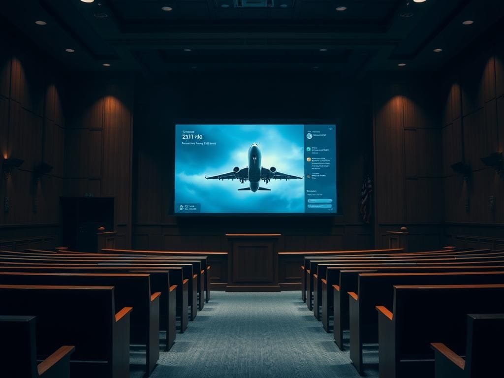 Flick International Dramatic courtroom scene with a blurred display of surveillance footage and phone data in the background