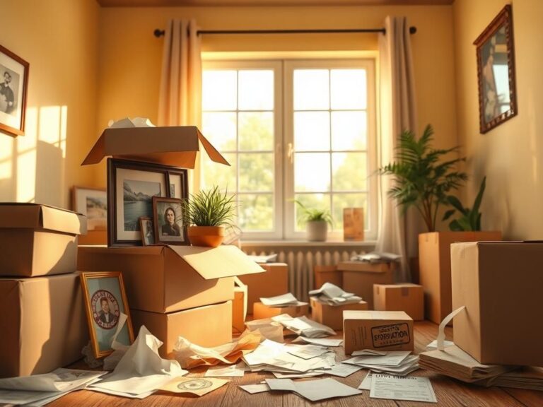 Flick International A cozy, half-packed moving space with cardboard boxes, personal items, and sunlight filtering through a window.