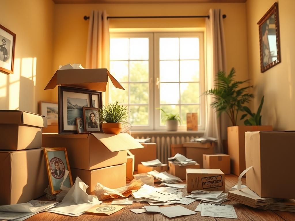 Flick International A cozy, half-packed moving space with cardboard boxes, personal items, and sunlight filtering through a window.