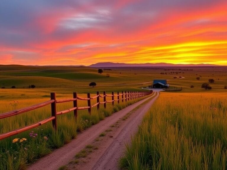 Flick International A serene Texas landscape showcasing a rustic farmhouse and rolling hills at sunset