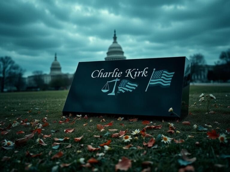Flick International A solemn memorial scene for Charlie Kirk featuring a polished black granite stone and wilted flowers under a cloudy sky