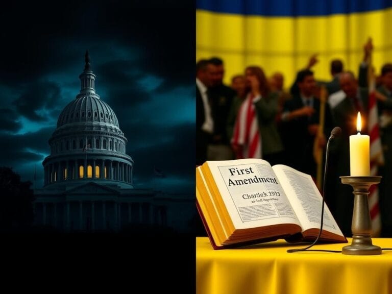 Flick International Split image contrasting a shadowy Capitol building on the left with a vibrant scene of free speech symbols on the right