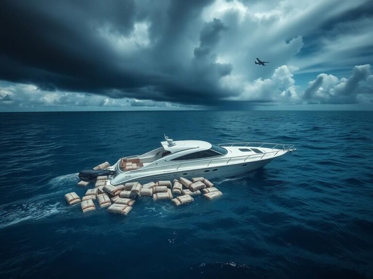 Flick International Aerial view of a damaged speedboat with cocaine packages in Caribbean waters