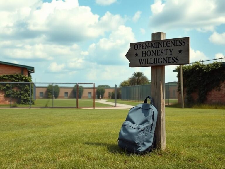 Flick International Serene view of a minimum-security prison in Texas with a weathered signpost and vibrant surroundings