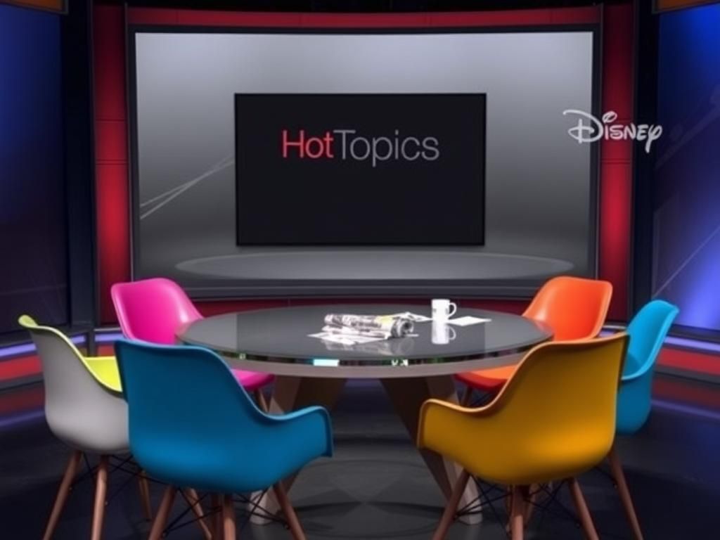 Flick International Dimly lit television studio set with an empty round table and five colorful chairs representing diverse perspectives