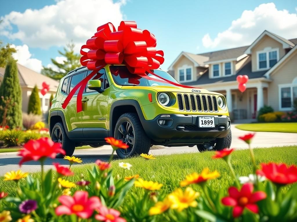 Flick International Luxurious brand-new Jeep with a festive red bow in a suburban driveway