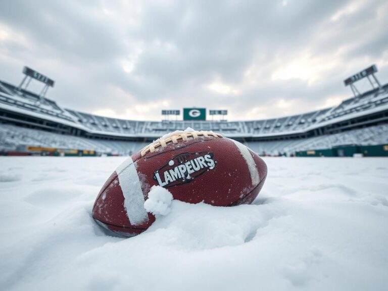 Flick International A snow-covered Lambeau Field with a weathered football half-buried in the snow.