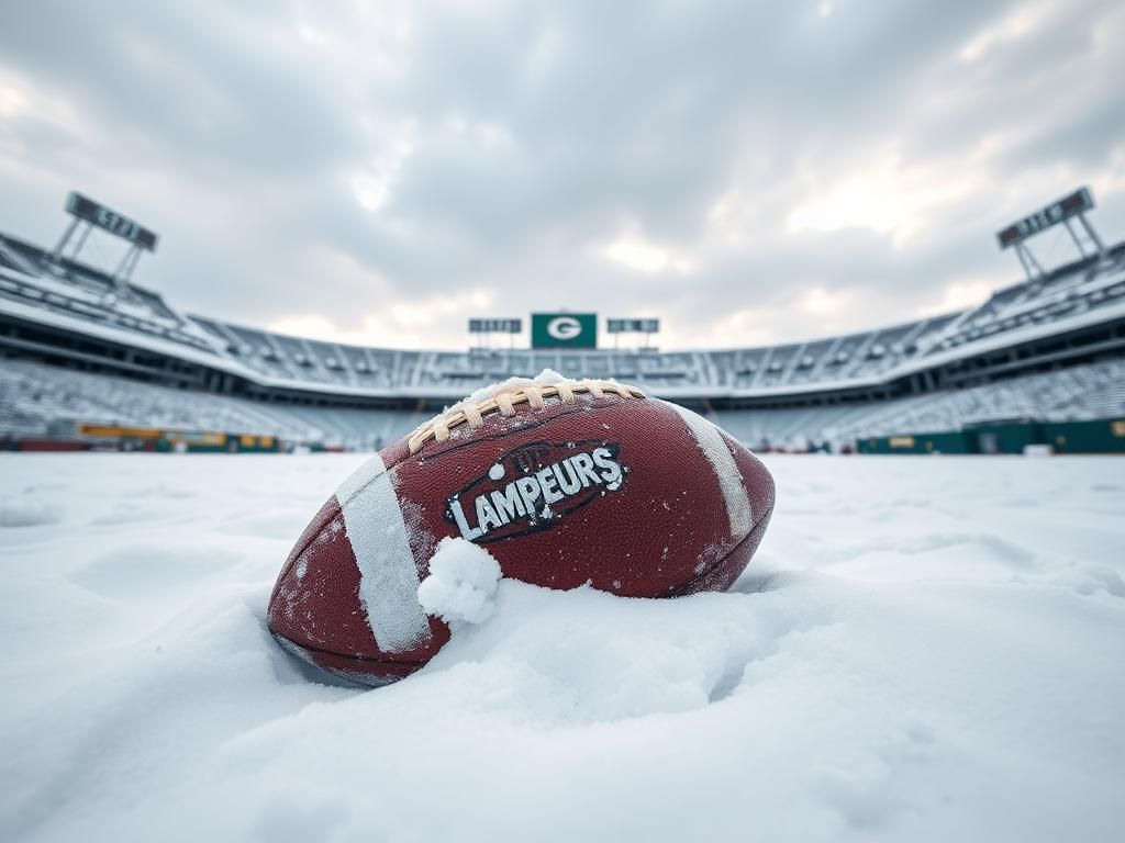 Flick International A snow-covered Lambeau Field with a weathered football half-buried in the snow.