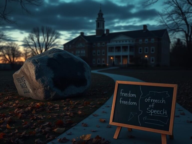 Flick International A somber college campus at dusk with a weathered rock symbolizing controversy