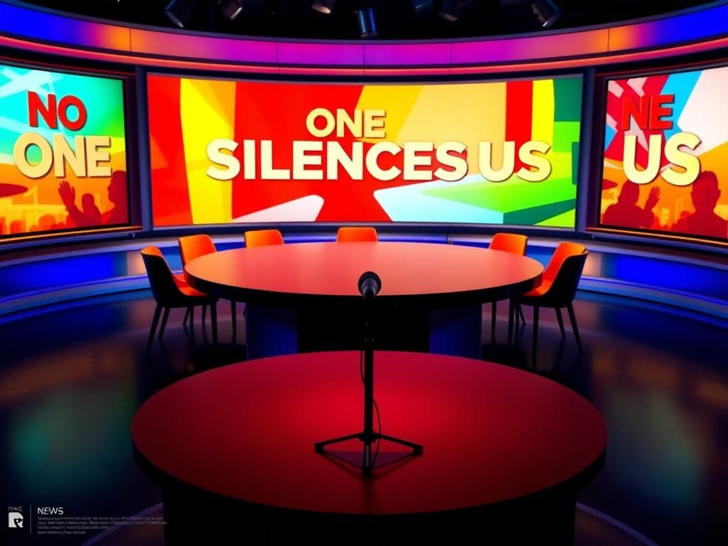 Flick International A dramatic television studio with an empty round table and colorful chairs, symbolizing a talk show setting.