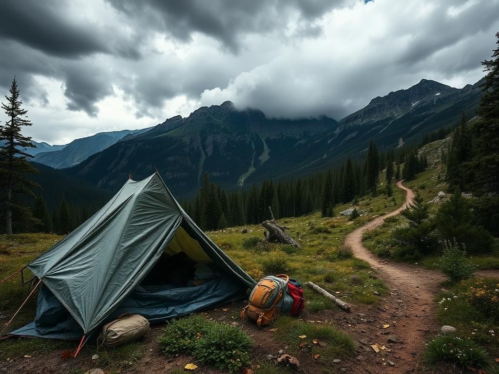 Flick International A rugged landscape of the San Juan Wilderness Area in Colorado with remnants of a campsite.