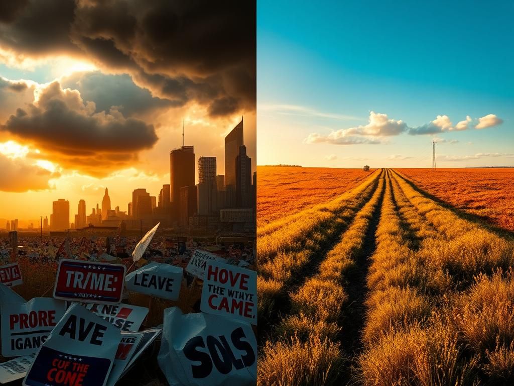 Flick International A surreal landscape divided between a chaotic cityscape and a serene countryside, symbolizing political division and unity