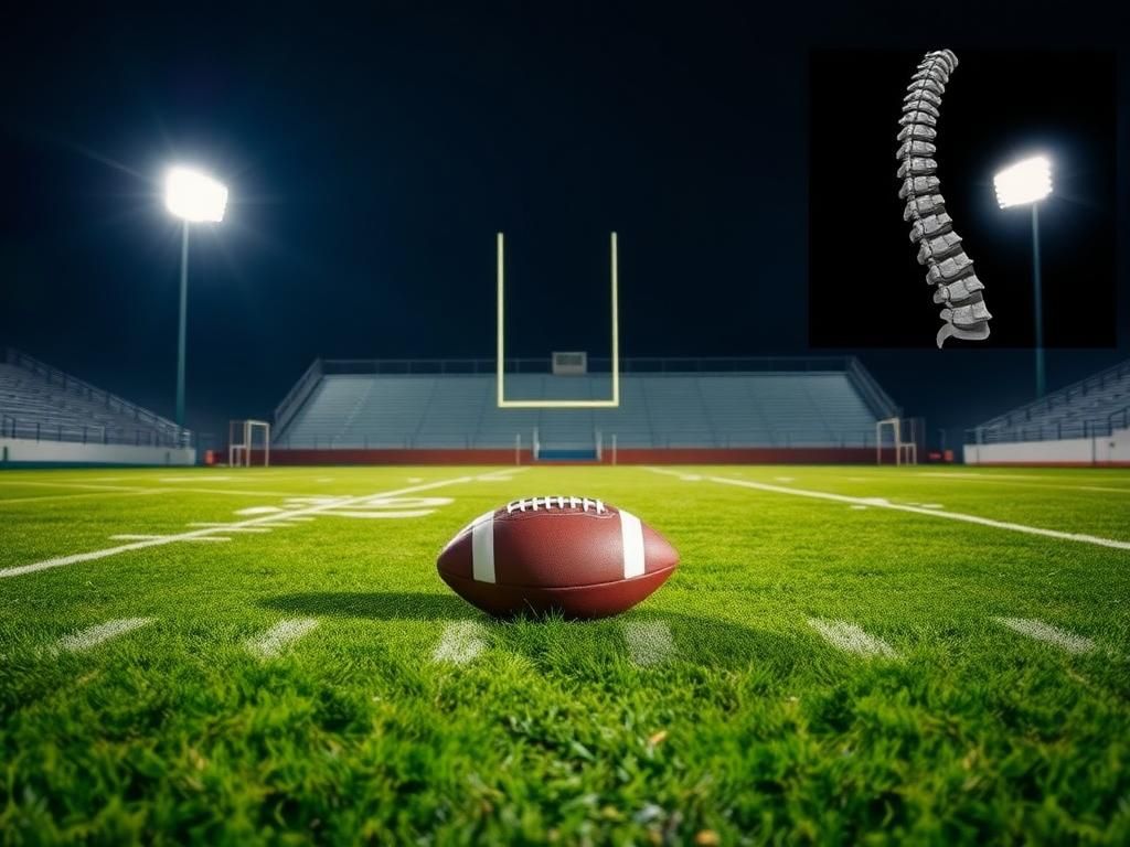 Flick International Nighttime football scene at a high school with a football resting on the ground