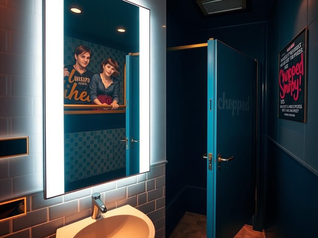 Flick International Stylish restaurant bathroom featuring modern decor and vibrant graffiti