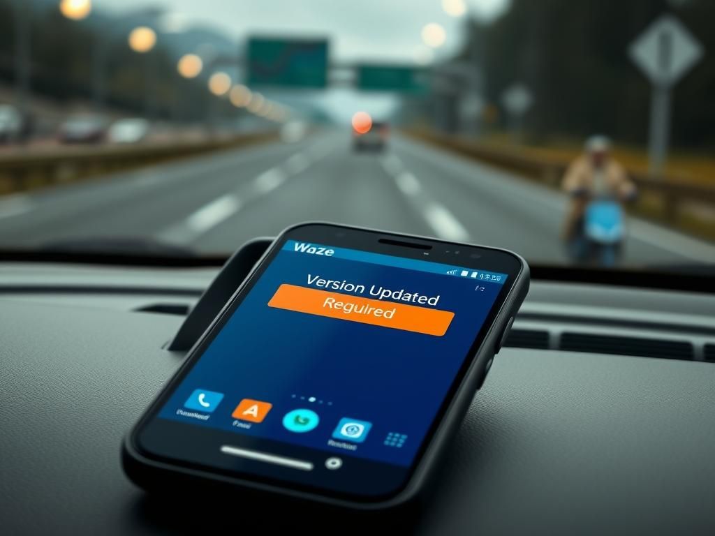 Flick International Close-up of an older Android phone on a car dashboard displaying the Waze app with a 'Version Update Required' message.
