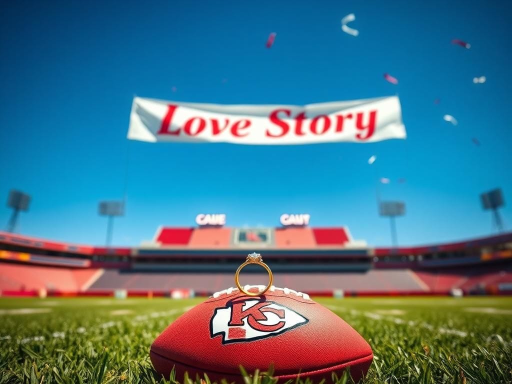 Flick International A shiny golden engagement ring resting on a football at a vibrant Kansas City Chiefs logo field