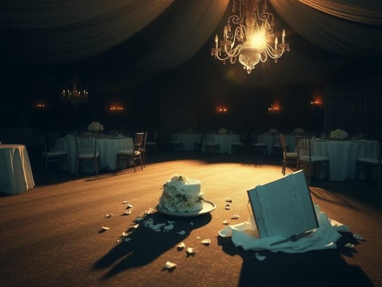 Flick International Somber scene of a deserted wedding venue with elegant décor and a messy reception area