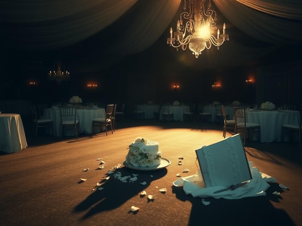 Flick International Somber scene of a deserted wedding venue with elegant décor and a messy reception area