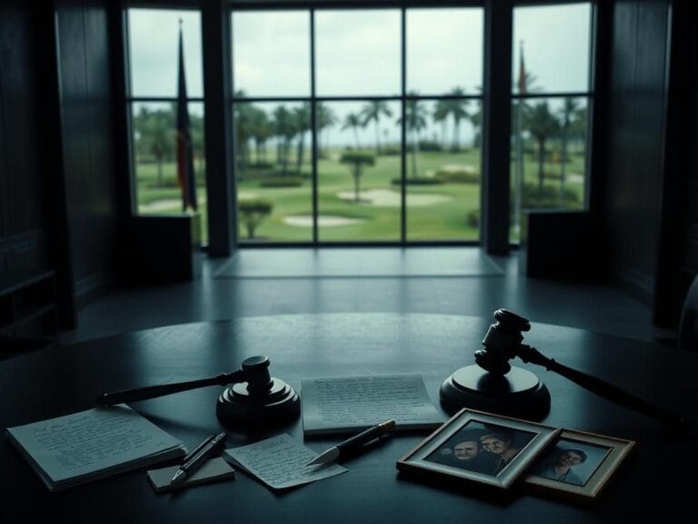 Flick International Dimly lit courtroom scene depicting an empty witness stand and legal documents