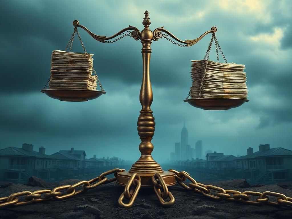 Flick International A metaphorical representation of a 'rigged economy' with scales weighing money against dilapidated houses and empty streets.