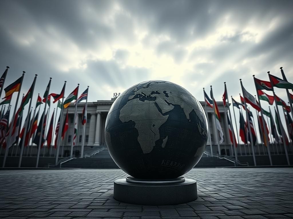 Flick International Wide-angle view of the United Nations General Assembly building with flags and a large globe