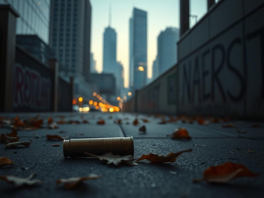 Flick International Dimly lit urban sidewalk at dawn with an abandoned bullet casing surrounded by autumn leaves