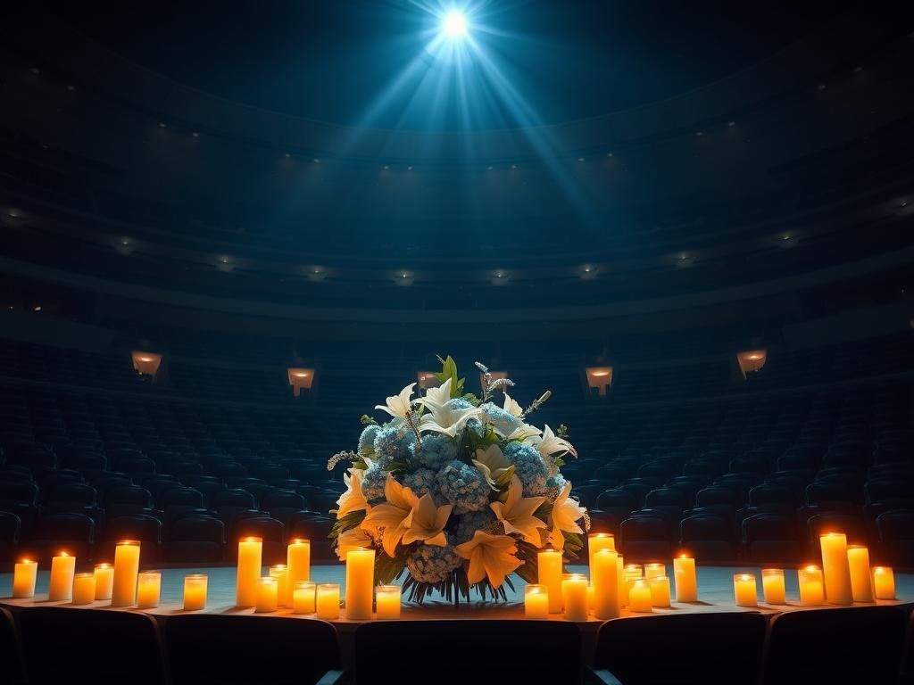 Flick International A solemn memorial tribute featuring white lilies and blue hydrangeas, surrounded by flickering candles in a dimly lit stadium.
