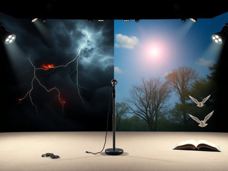 Flick International A split-screen illustration depicting a debate stage with contrasting themes of political violence and free speech