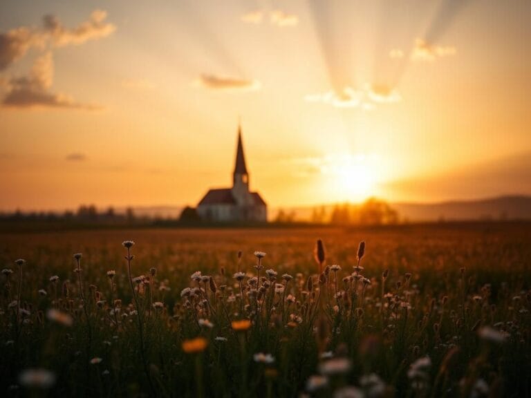 Flick International A serene landscape at dusk with wildflowers and a silhouette of a church