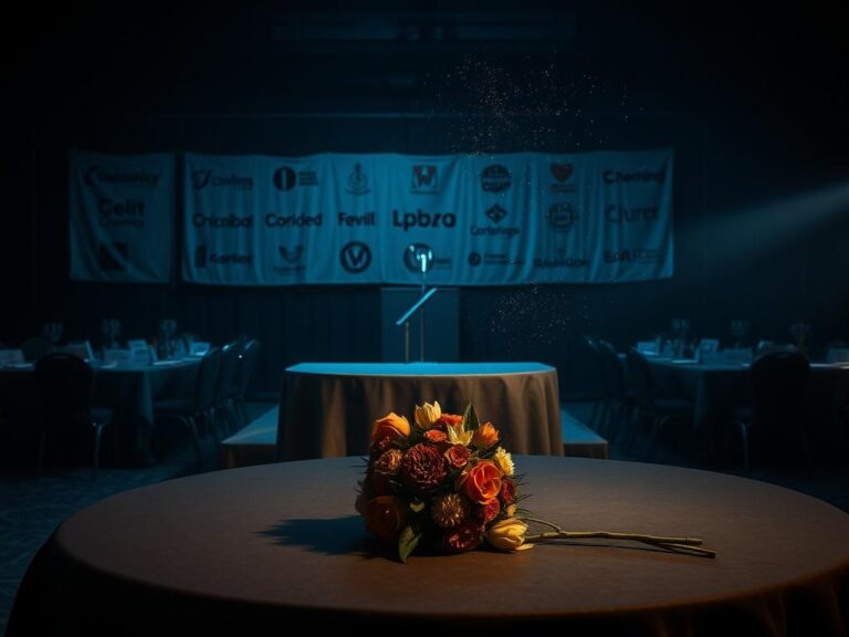 Flick International Abandoned charity event setting with empty podium and faded banner