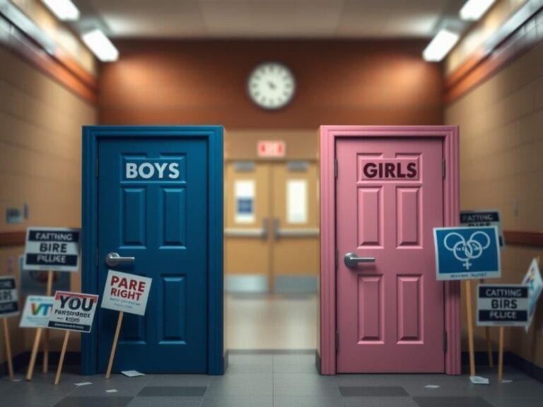 Flick International School restroom scene with contrasting 'Boys' and 'Girls' doors symbolizing the Virginia transgender bathroom debate
