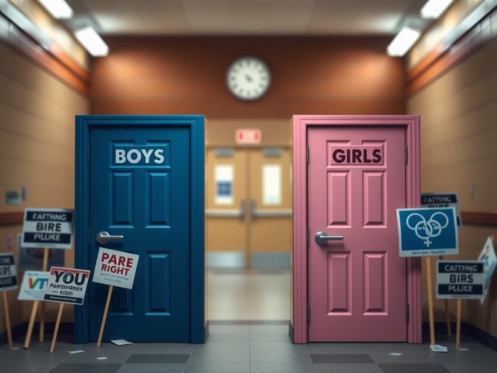 Flick International School restroom scene with contrasting 'Boys' and 'Girls' doors symbolizing the Virginia transgender bathroom debate