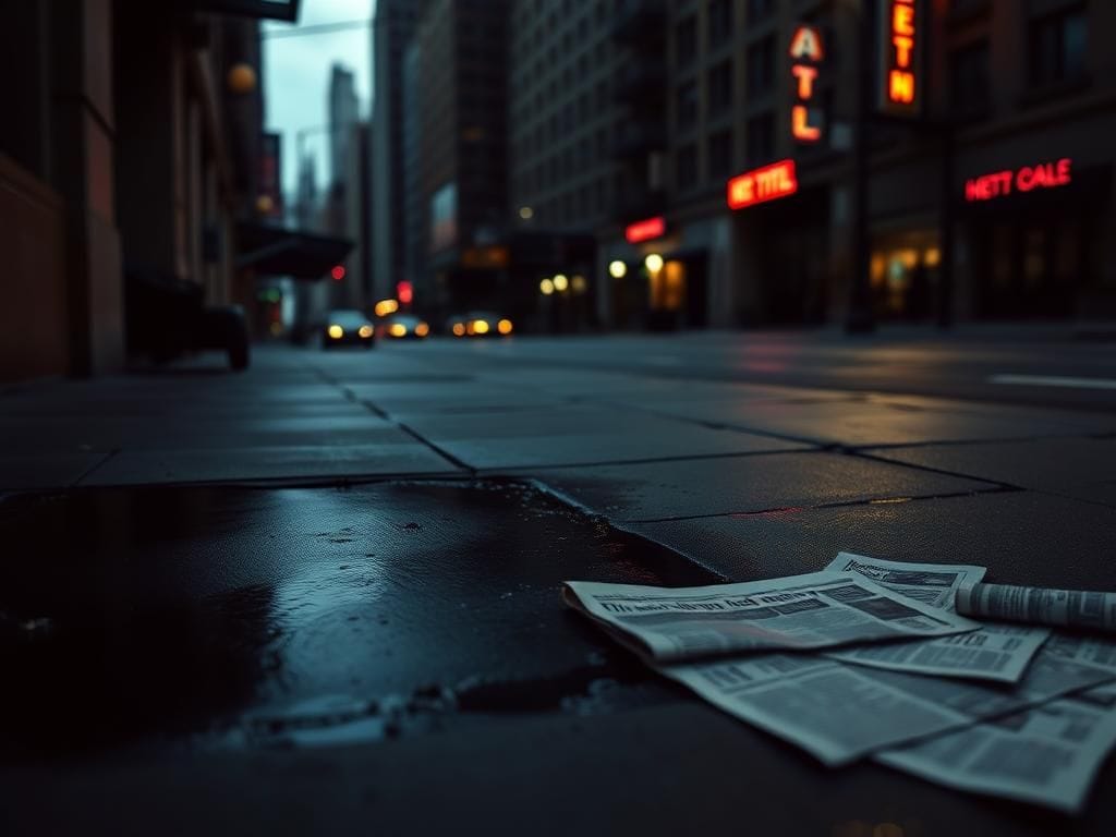 Flick International A deserted New York City sidewalk at dawn with a blurred hotel silhouette