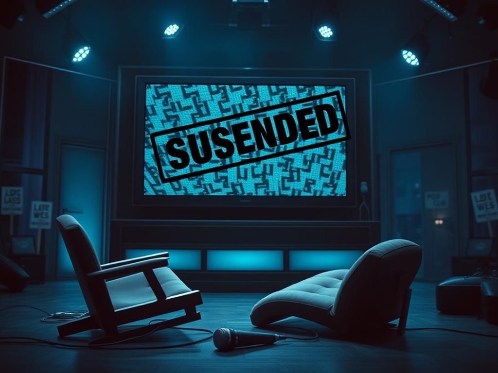 Flick International A dramatic television studio set in disarray symbolizing conflict over censorship