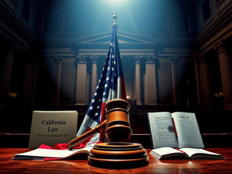 Flick International Dramatic courtroom scene symbolizing the clash of state versus federal powers with a gavel and American flag.