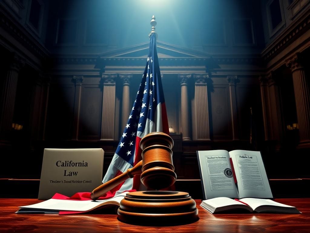 Flick International Dramatic courtroom scene symbolizing the clash of state versus federal powers with a gavel and American flag.