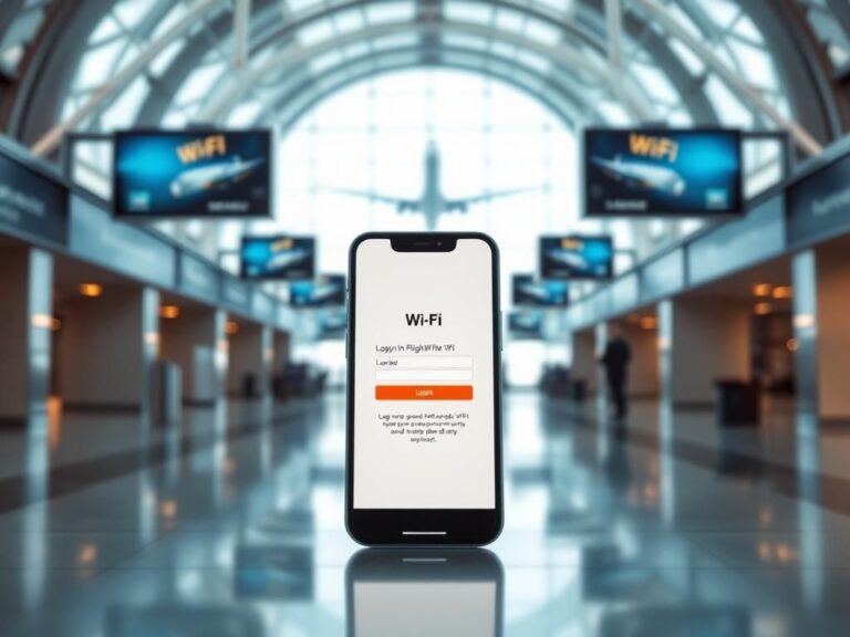 Flick International Close-up of a smartphone displaying a suspicious Wi-Fi login page at an airport terminal.