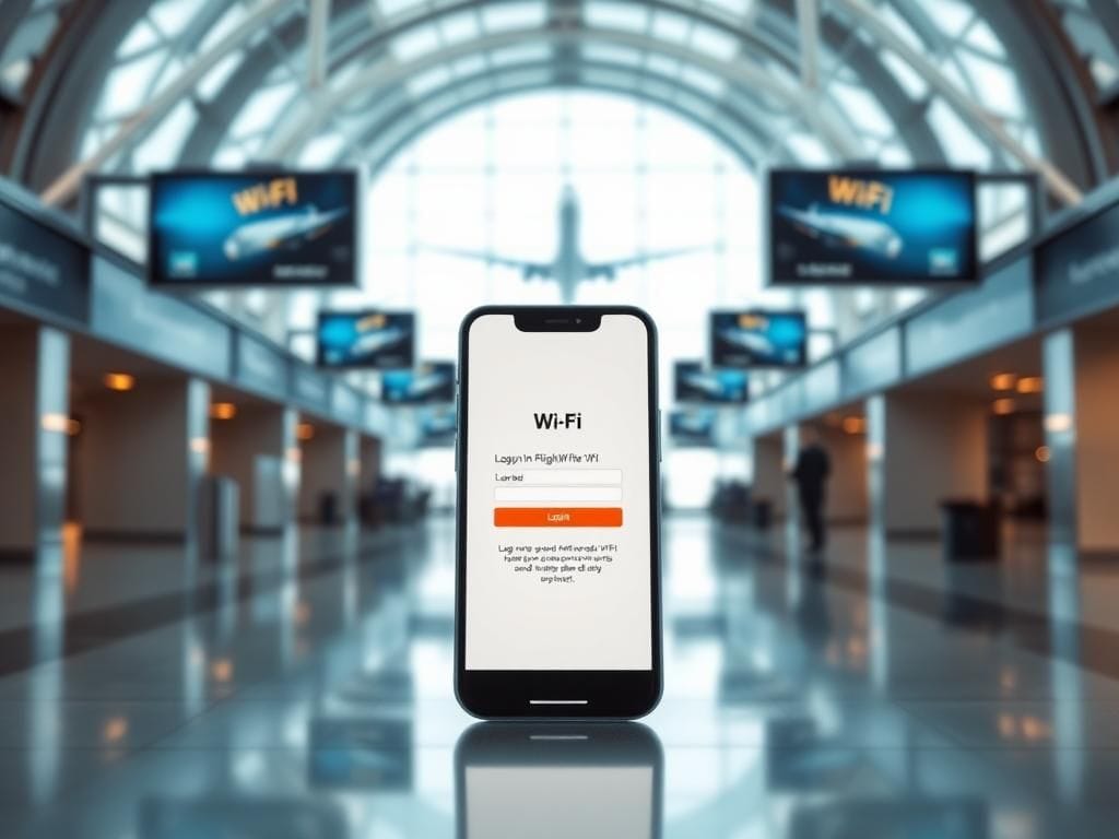 Flick International Close-up of a smartphone displaying a suspicious Wi-Fi login page at an airport terminal.
