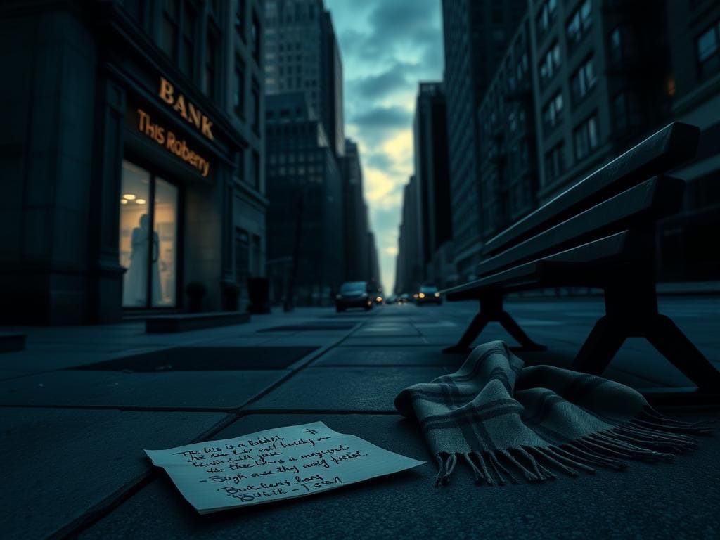 Flick International deserted New York City streetscape at twilight with bank façade and abandoned robbery note