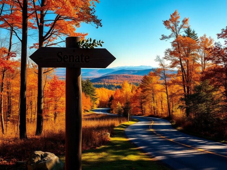 Flick International Serene view of New Hampshire's fall foliage with a rustic Senate signpost